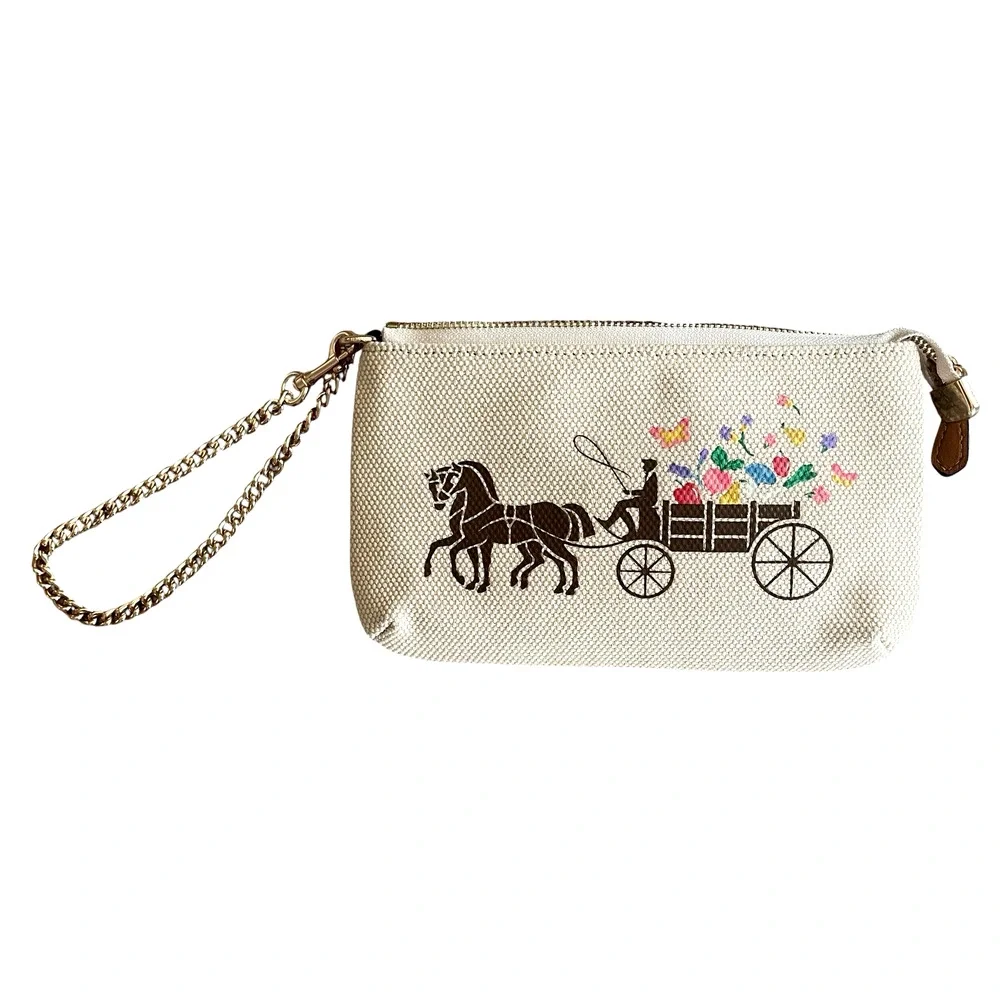 COACH C8725 Large Wristlet 19 Natural Canvas Dreamy Veggie Horse Carriage Clutch